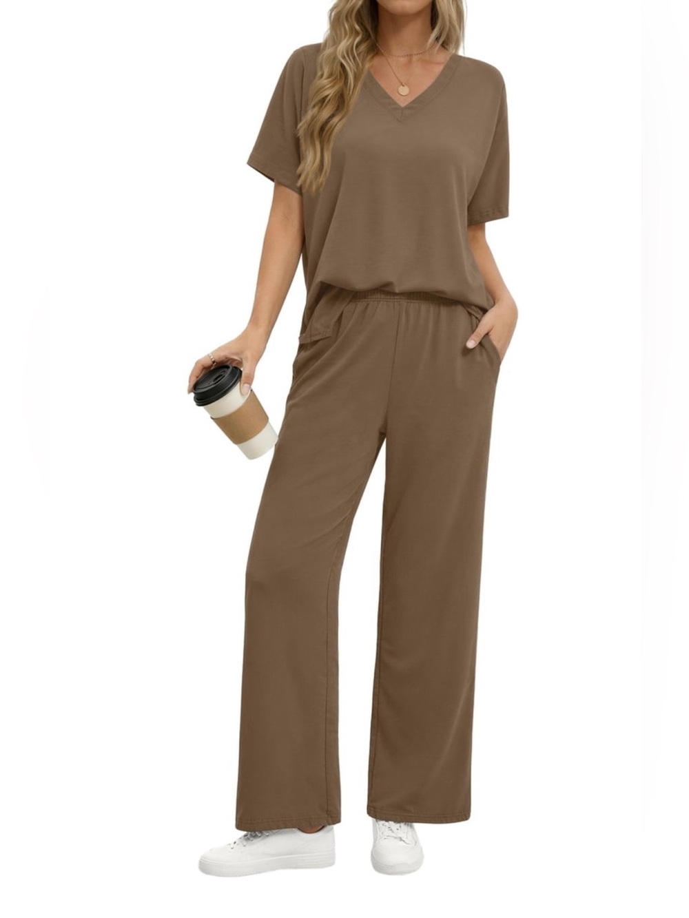 Cozy V-Neck, Wide-Leg lounge Set in Dark Khaki - 2XL